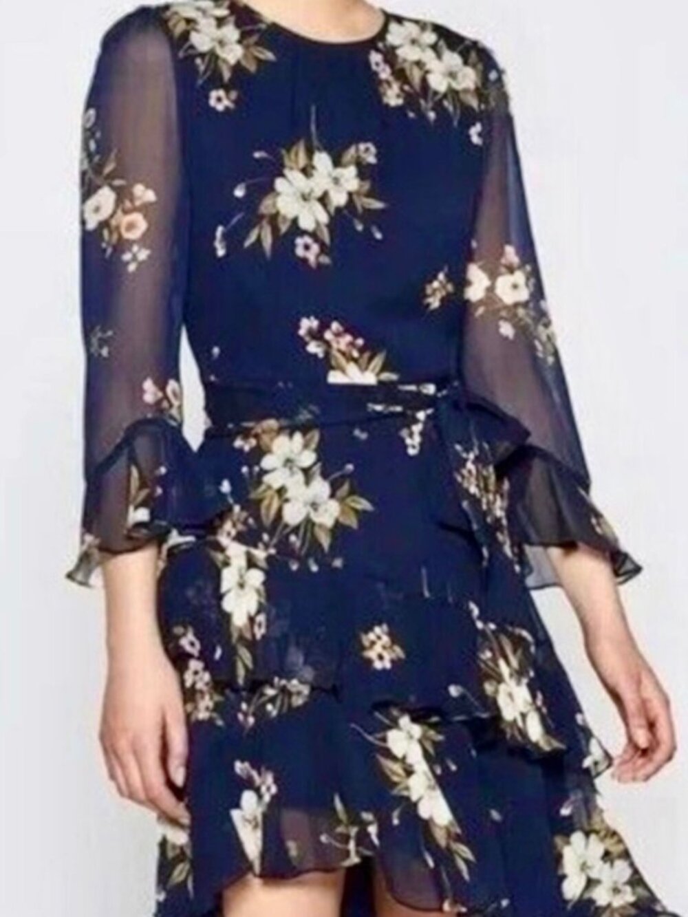 Joie Navy Floral Silk Ruffle Dress Belted Size 6